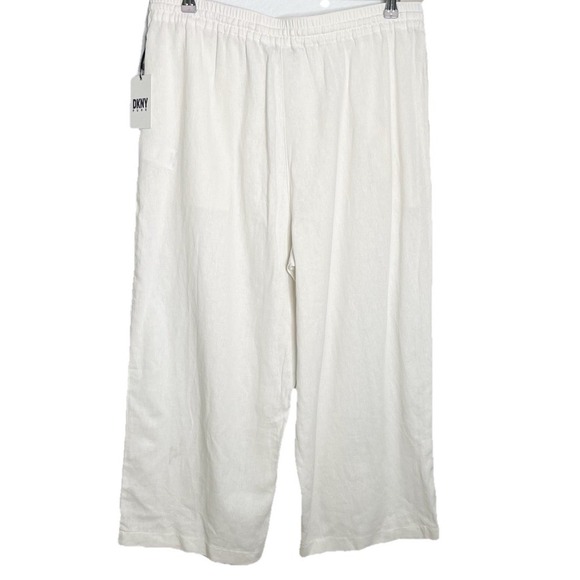 New DKNY Pure Wide Leg Linen Blend Crop Pants  White Beachy Coastal Cruise Large - Picture 2 of 4